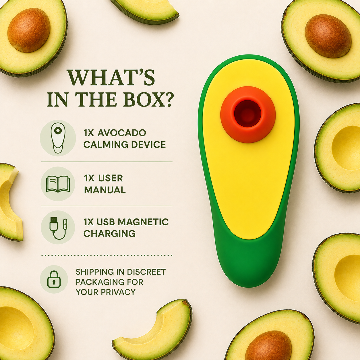 Avocado Clitoral Toy box contents and discreet packaging