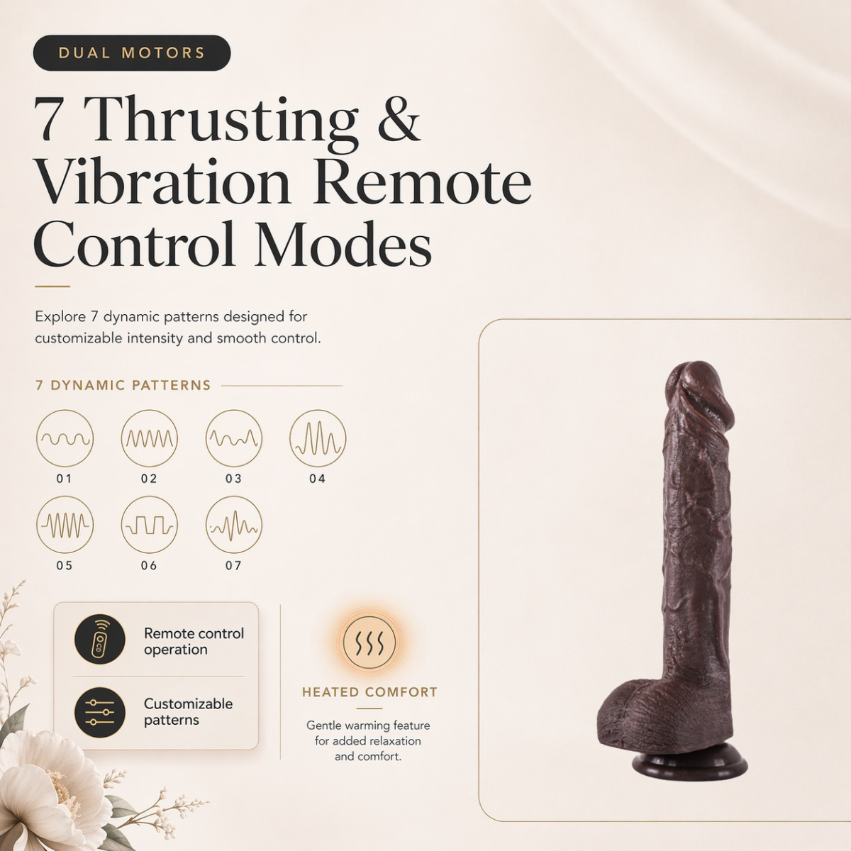 Black automatic heated thrusting dildo with premium ergonomic design