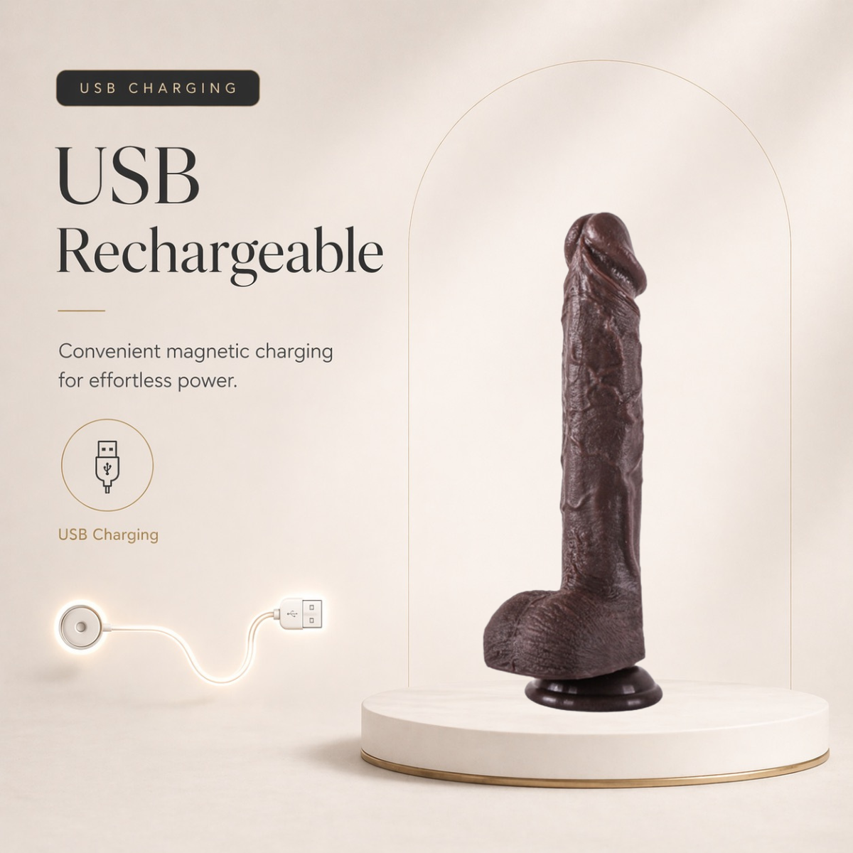 Black thrusting dildo with heating feature and body-safe silicone design