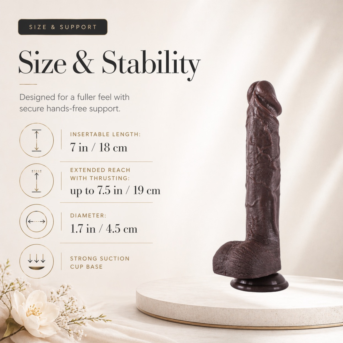 Heated thrusting dildo in black with automatic thrusting function and sleek finish