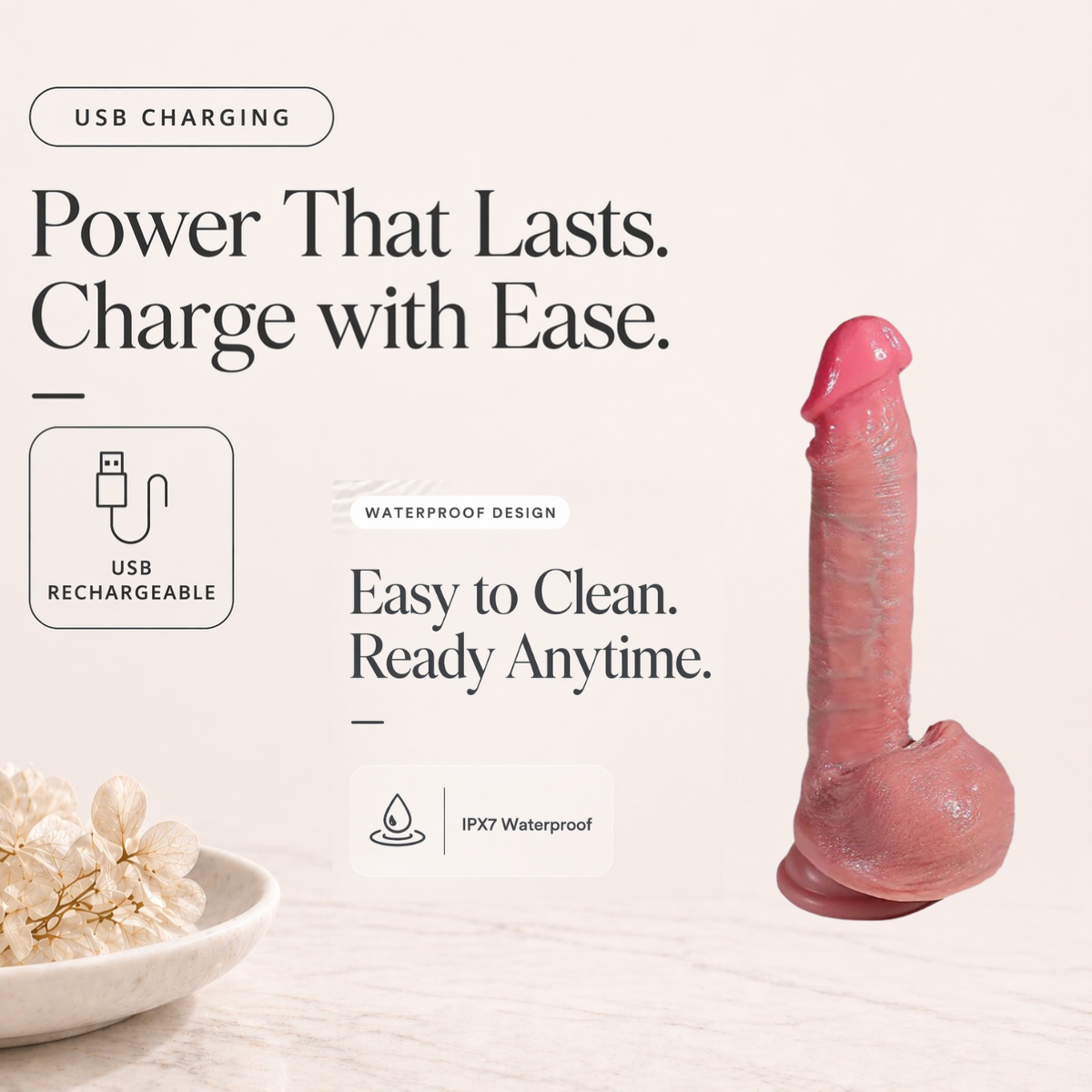 Heated thrusting dildo in white skin tone with automatic motion and ergonomic design