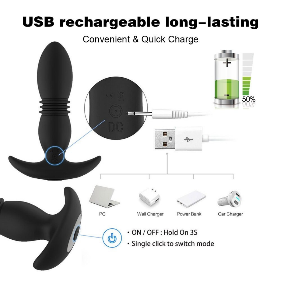 Remote Control Anal Plug Vibrator with 12 intense vibration speeds, secure flared T-Bar base USB Rechargeable